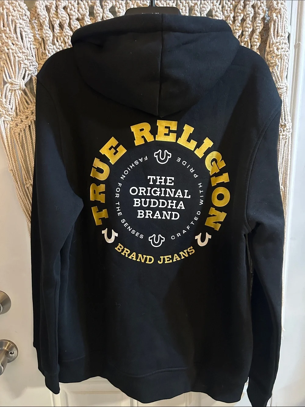True Religion Black Zip Hoodie with Yellow Horseshoe Logo